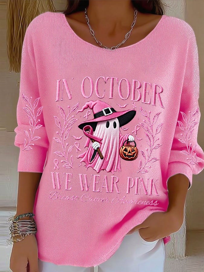 Women's In October We Wear Pink Witch Ghost Pumpkin Breast Cancer Print Art Print Sweater