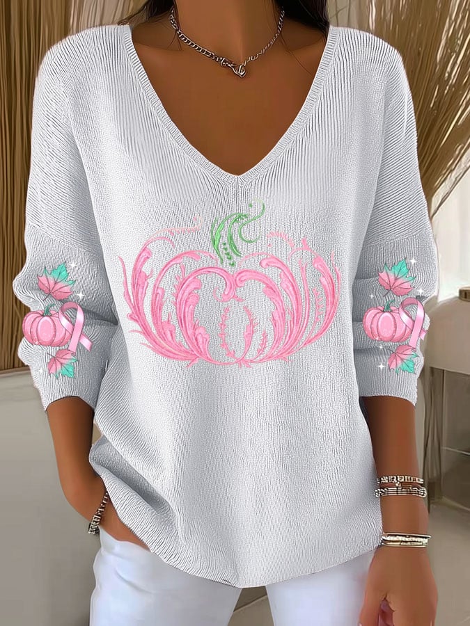 Women's Breast Cancer Sequin Pumpkin Print Casual Striped Fabric Long Sleeve T-Shirt