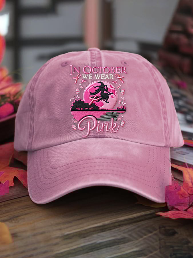Women's casual October we wear pink witch washed cotton hat
