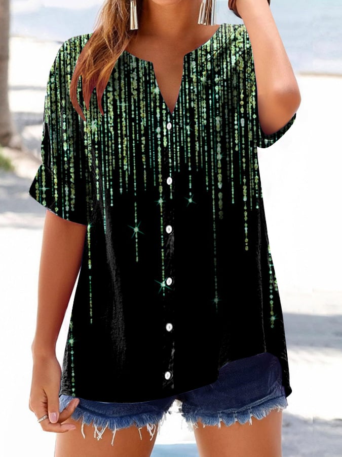 Women's Vintage Sequin Chain Print Button Design Shirt