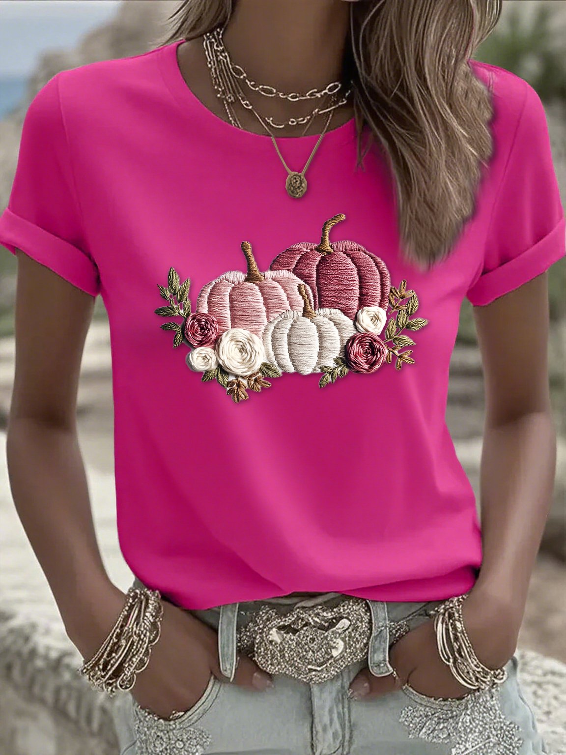 Women's casual pink pumpkin T-shirt