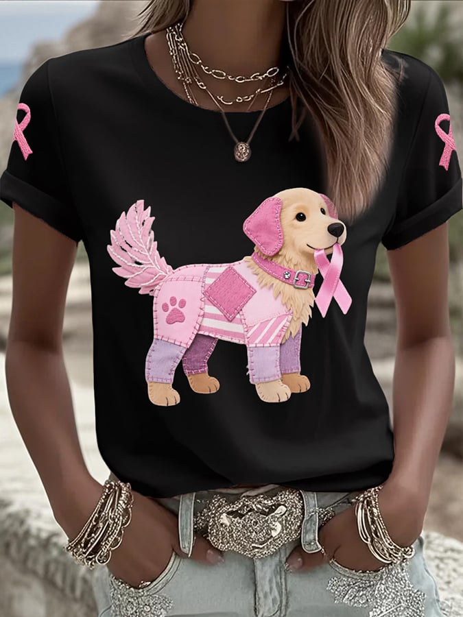 Women's Pink Dog Pink Ribbon Breast Cancer Awareness Print Round Neck T-Shirt