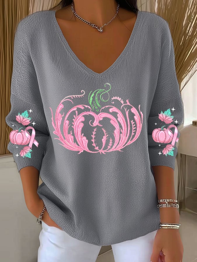 Women's Breast Cancer Sequin Pumpkin Print Casual Striped Fabric Long Sleeve T-Shirt