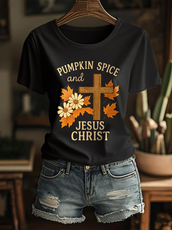Women's Pumpkin Season Jesus Faith Cross Casual T-shirt