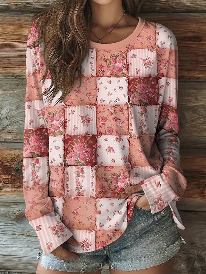Women's Pink Floral Art Breast Cancer Awareness Print Casual Long Sleeve T-Shirt