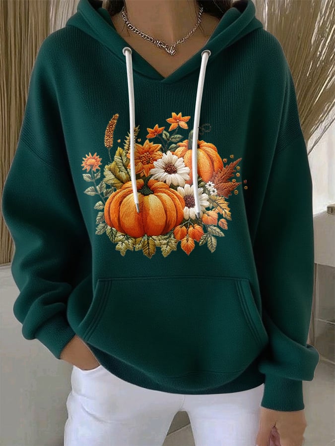 Women's Casual Autumn Pumpkin Long Sleeve Ribbed Hoodie