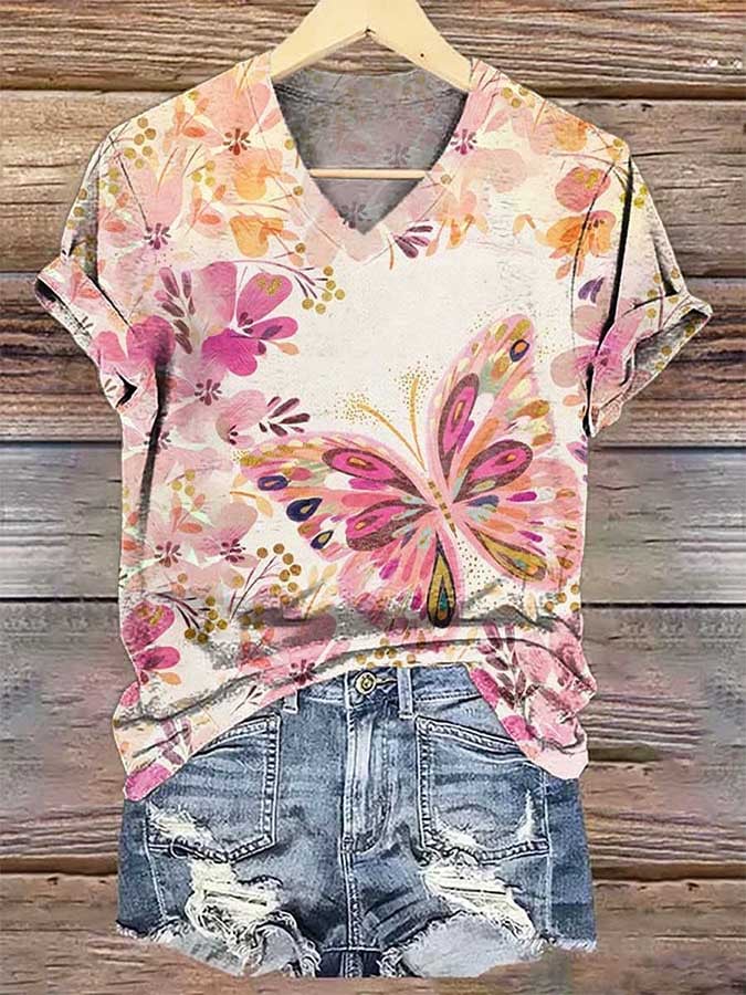 Women's Butterfly Floral Breast Cancer Awareness Printed T-shirt