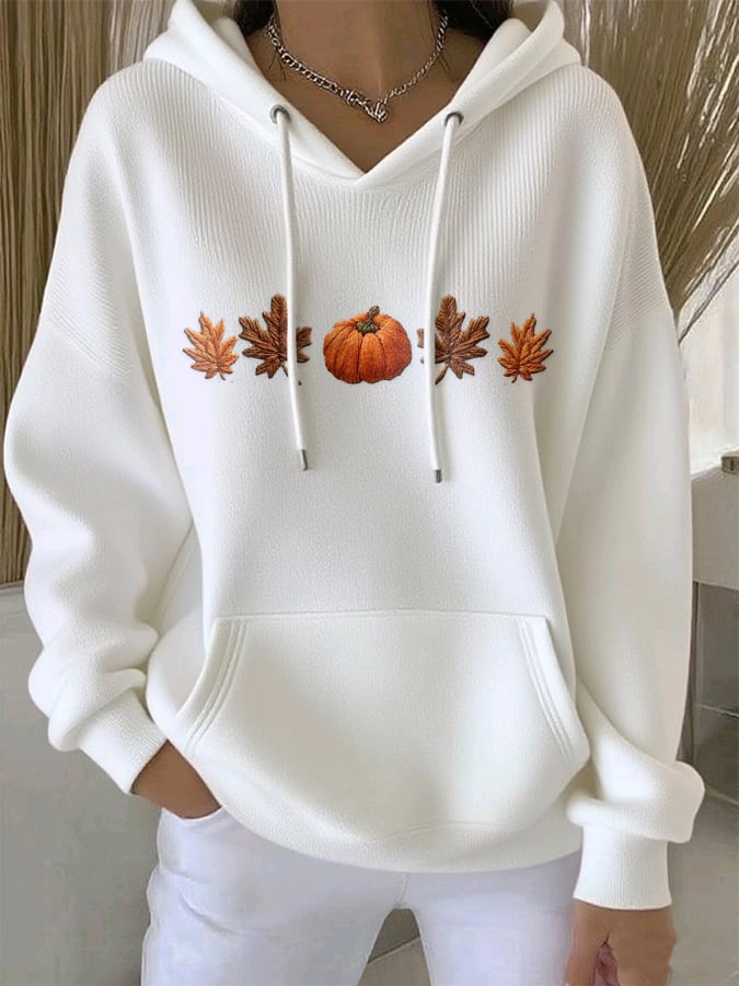 Women's Casual Maple Leaf Pumpkin Autumn Long Sleeve Hoodie