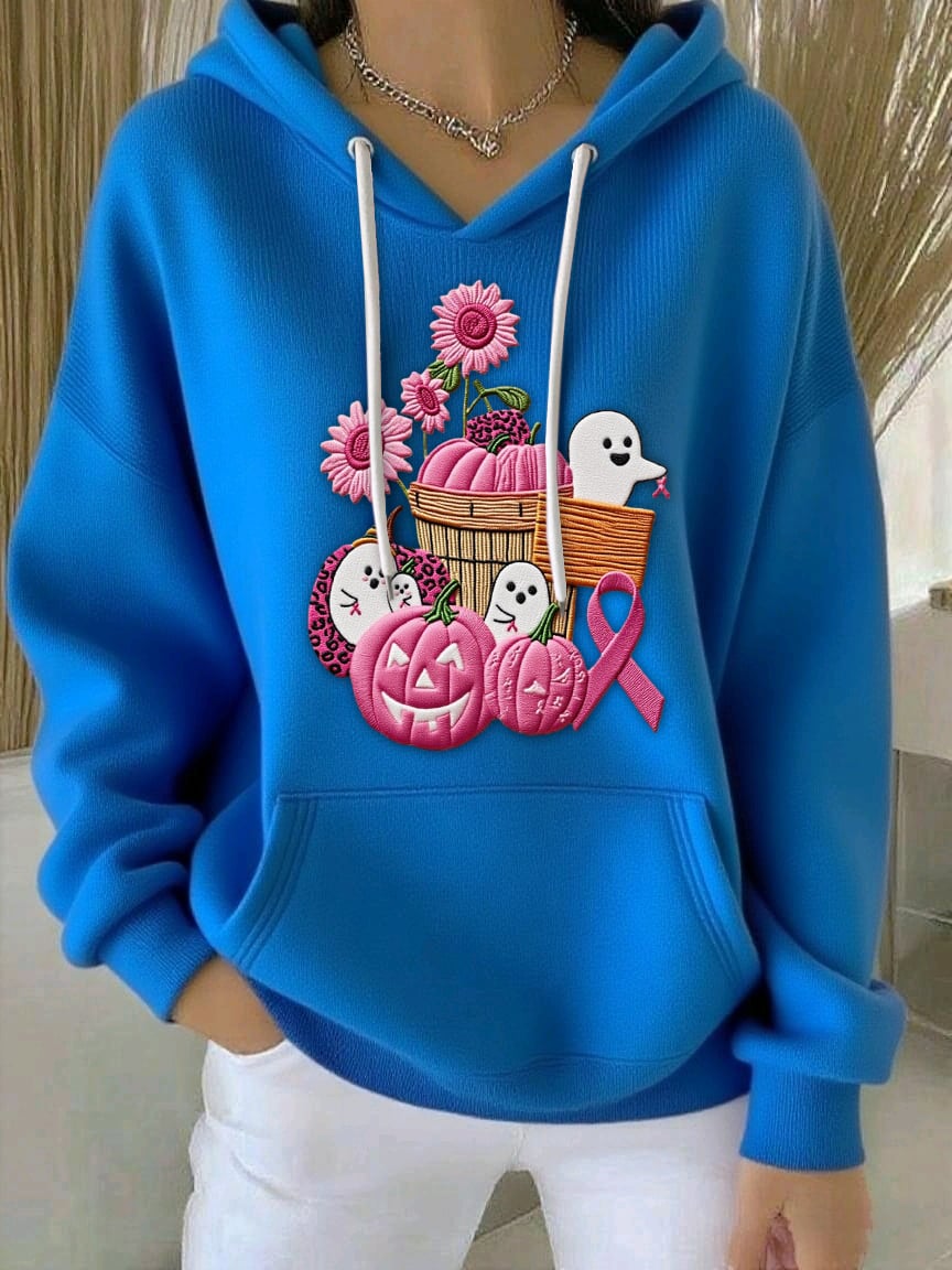 Women's Breast Cancer Sequin Pumpkin Print Casual Hoodie