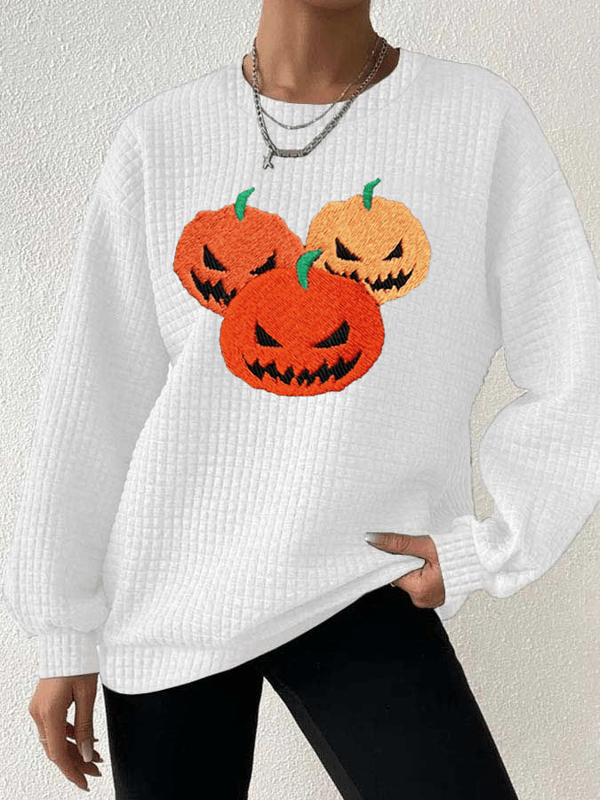 Women's Ghost Face Pumpkin Round Neck Waffle Sweatshirt