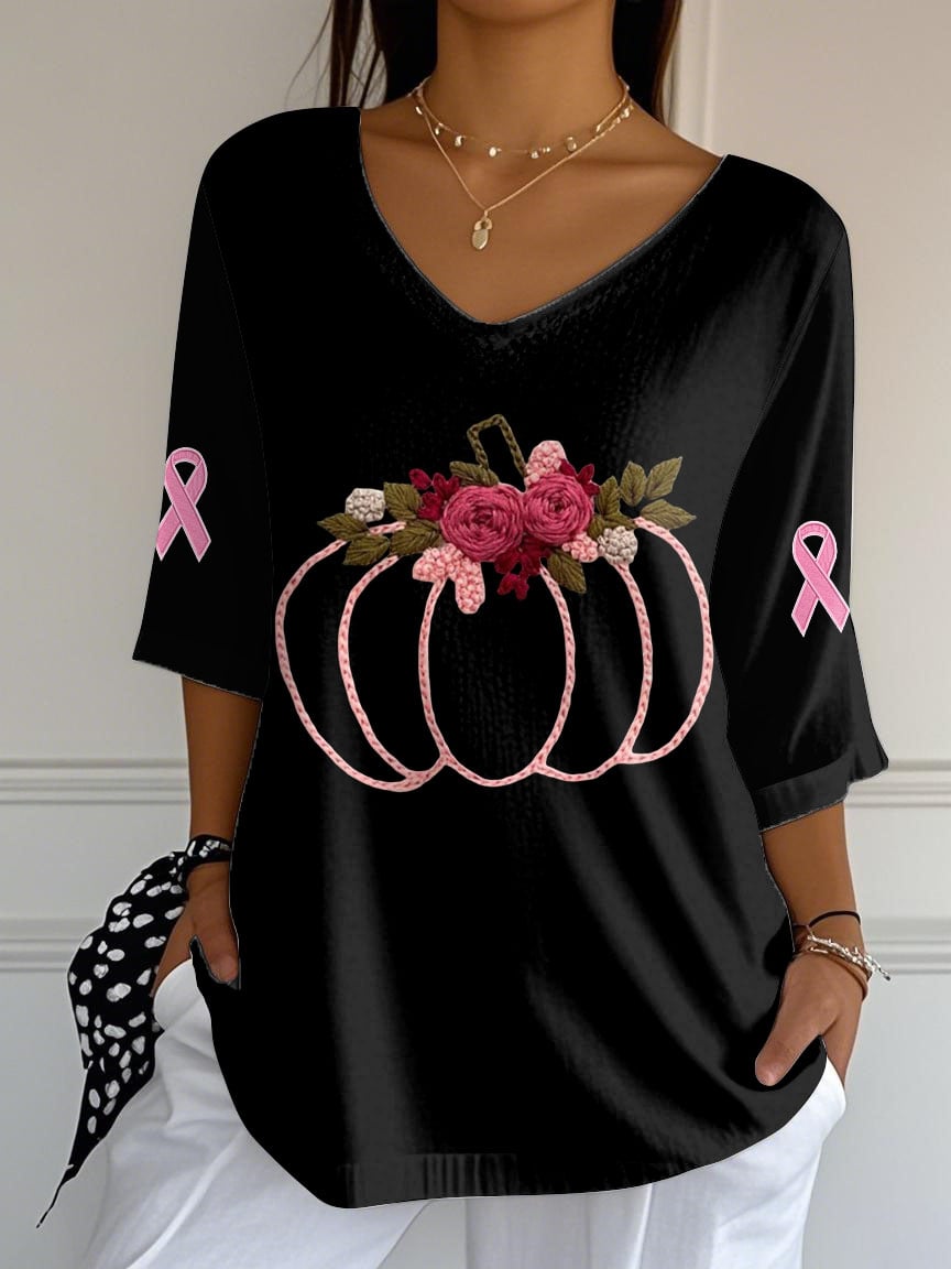 Women's Pink Pumpkin Ribbon Print Mid Sleeve T-Shirt