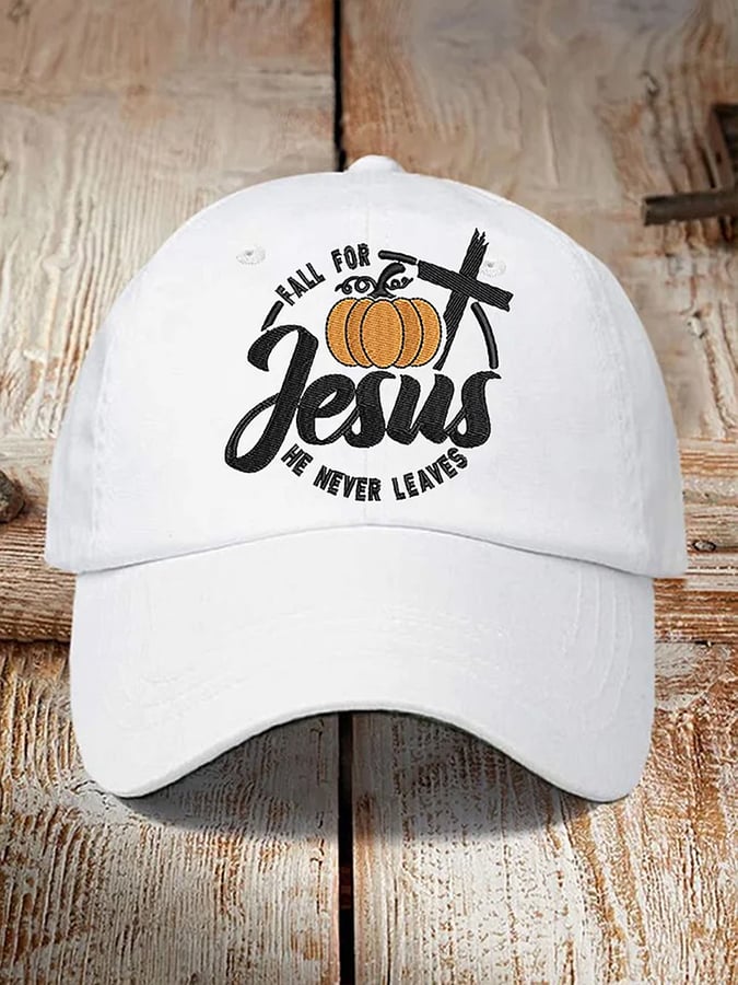 He Never Leaves Autumn Faith Baseball Cap