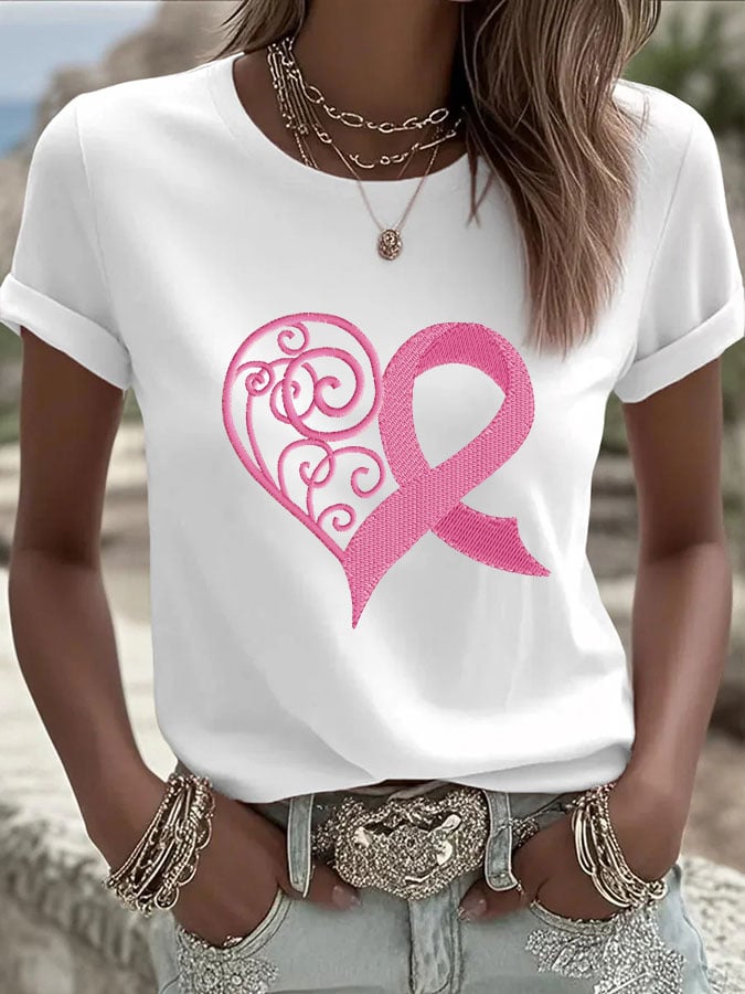 Women's Breast Cancer Heart Print Casual T-shirt