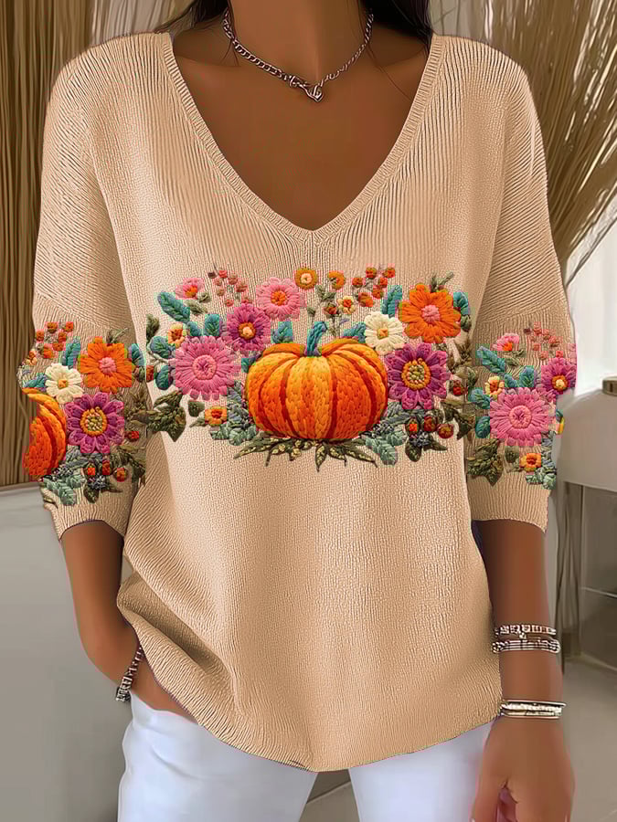 Women's Pumpkin Print Casual Striped Fabric Long Sleeve T-shirt