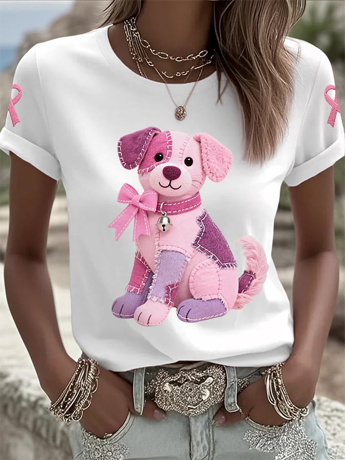 Pink Dog Pink Ribbon Breast Cancer Awareness Support Print T-Shirt