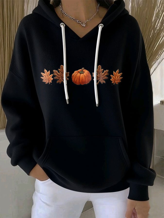 Women's Casual Maple Leaf Pumpkin Autumn Long Sleeve Hoodie