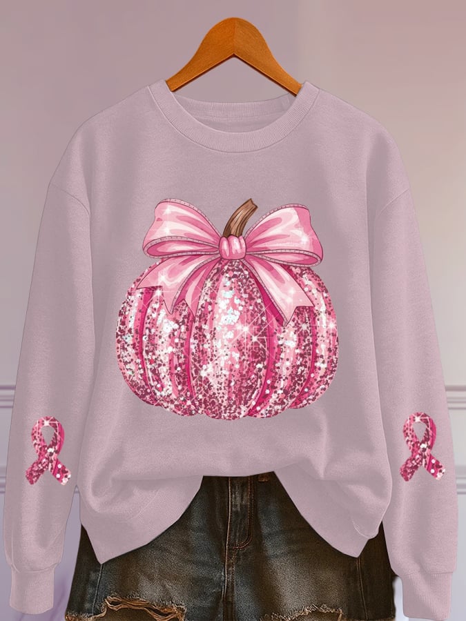 Women's Glitter Pumpkin Breast Cancer Print Sweatshirt