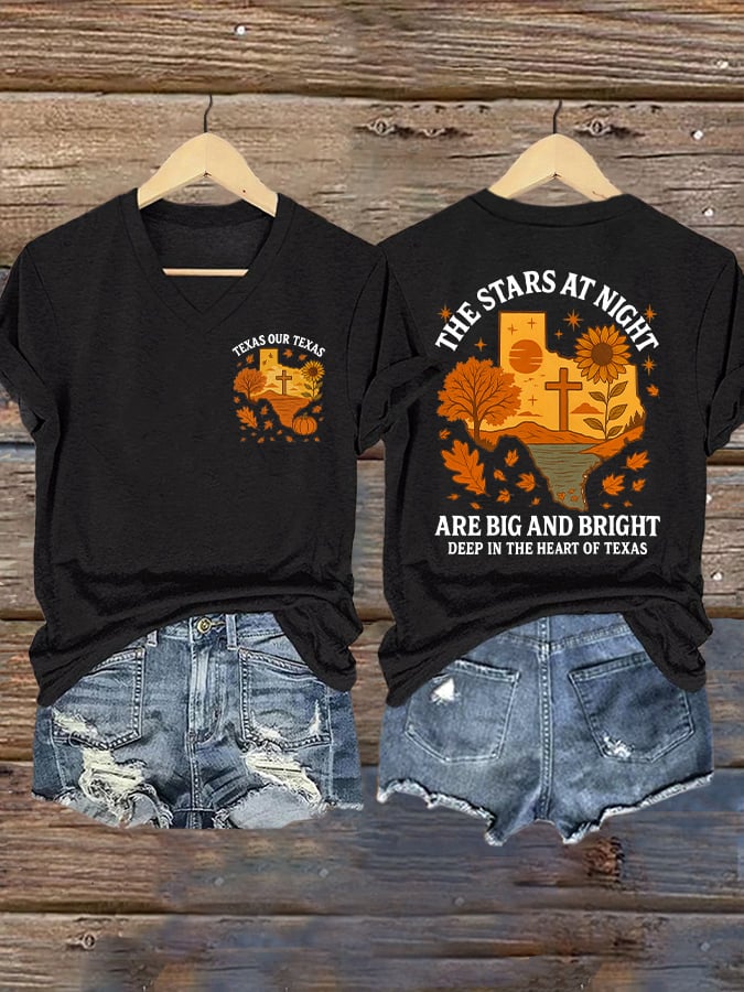 V-Neck Retro Texas Fall Strong Texas Our Texas The Stars At Night Are Big And Bright Deep In The Heart Of Texas Print T-Shirt