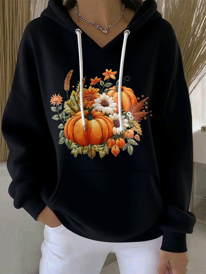 Women's Casual Autumn Pumpkin Long Sleeve Ribbed Hoodie