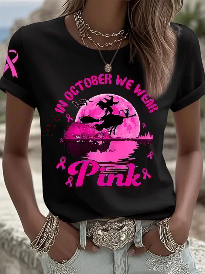 Women's In October We Wear Pink Breast Cancer Witch Print Casual T-shirt