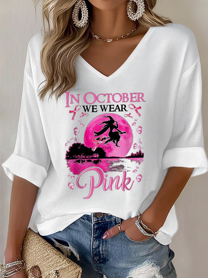Women's Casual October We Wear Pink Witch Waffle Long Sleeve T-Shirt