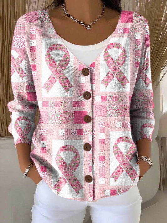 Women's Casual Floral Breast Cancer Ribbon Autumn and Winter Cardigan