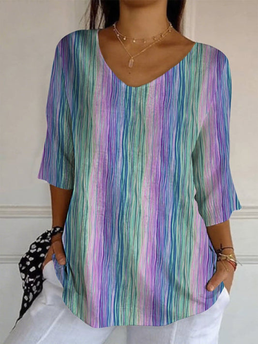 Women's Suicide Prevention Awareness Teal Purple Stripe Print Mid Sleeve T-Shirt