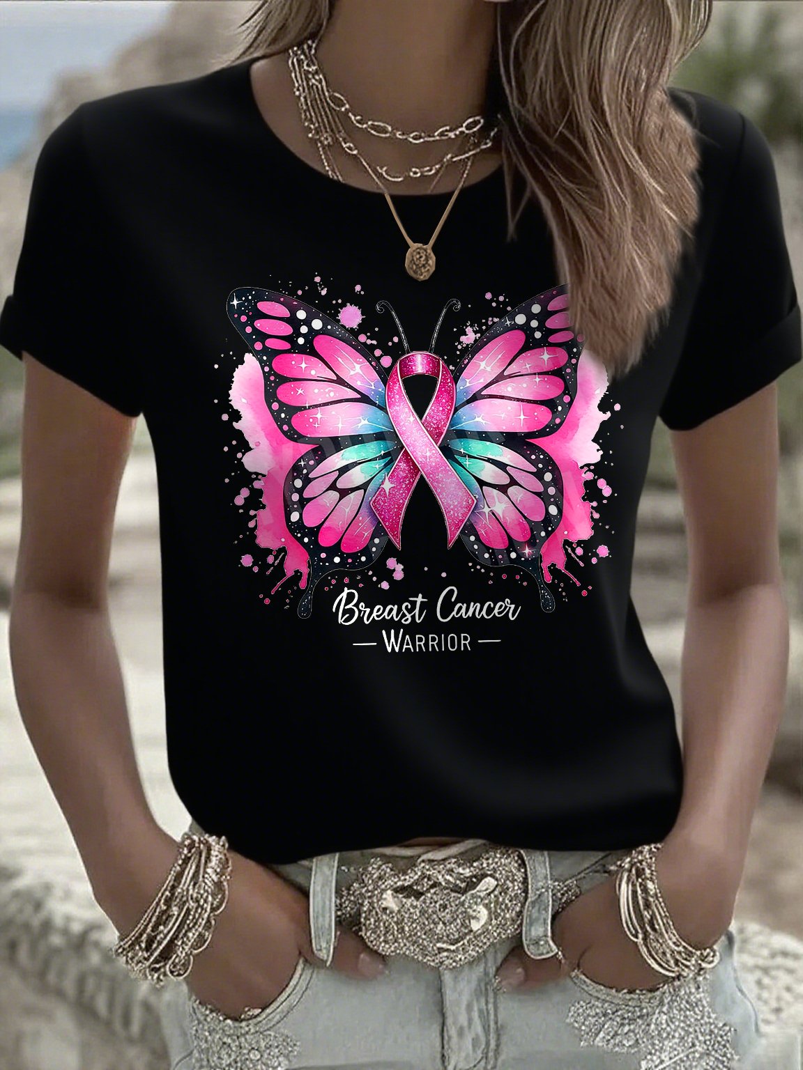 Women's Breast Cancer Ghost Print Casual T-shirt