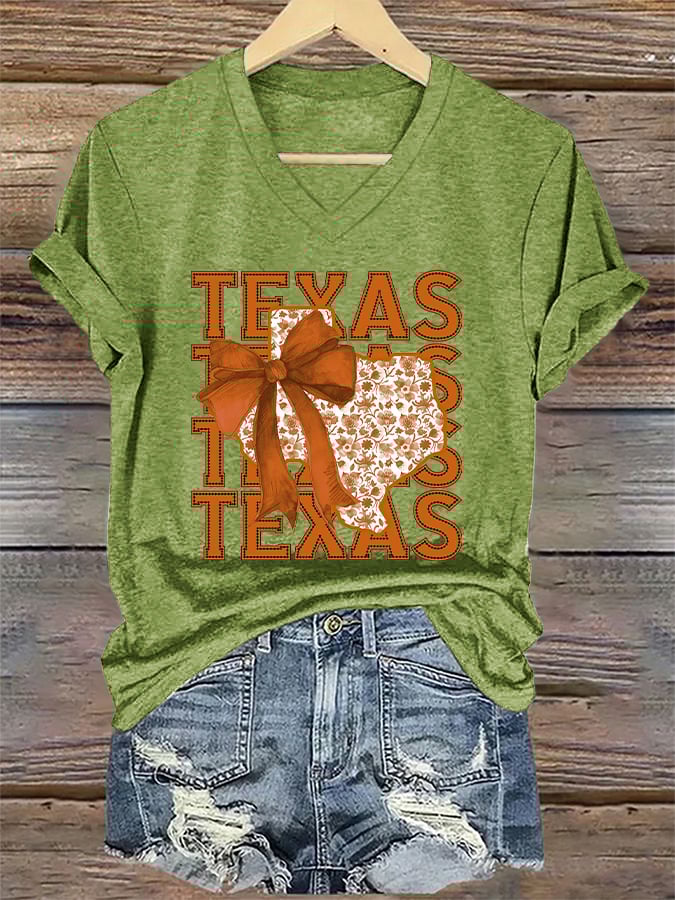 V-Neck Retro Burnt Orange Texas Coquette Bow Print T-Shirt