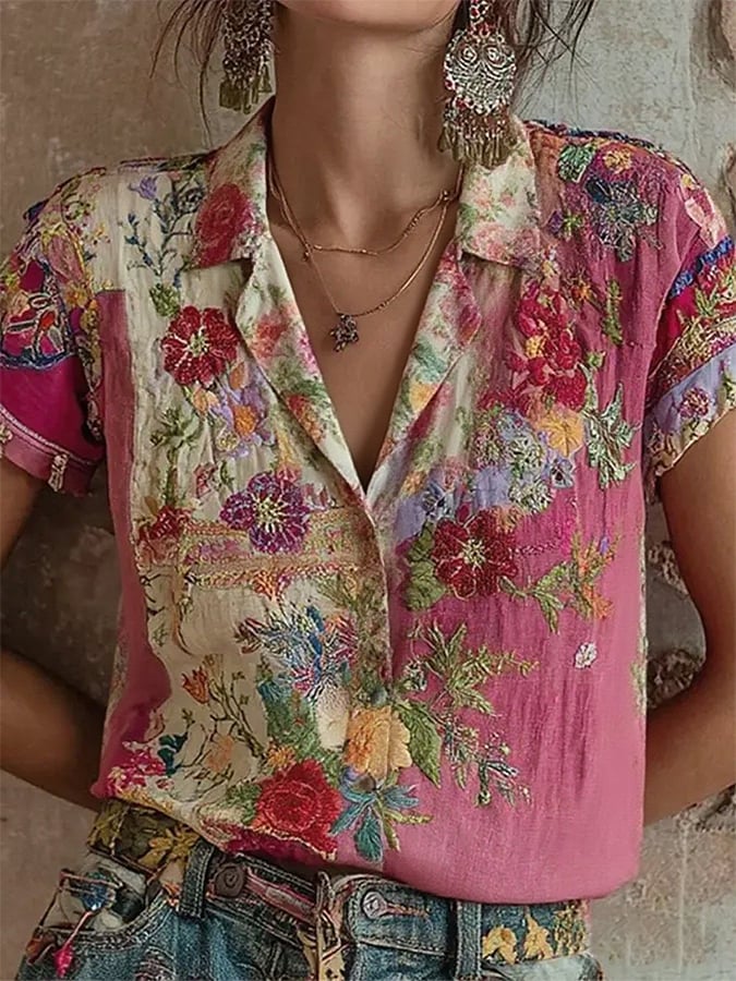Women's Vintage Pink Floral Embroidery Art  Linen Blend Shirt