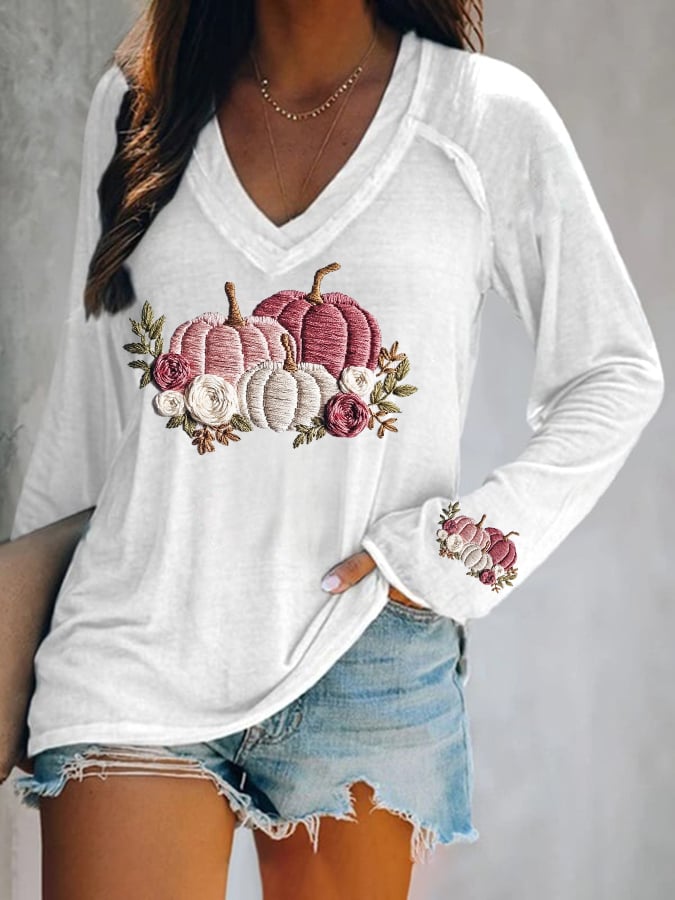 Women's casual pink pumpkin long-sleeved T-shirt