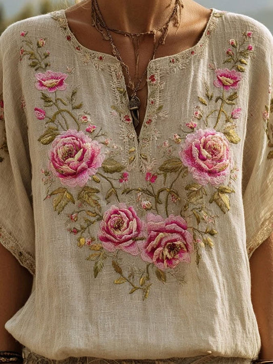 Women's Breast Cancer Awareness Pink Floral Art Print V-Neck Shirt