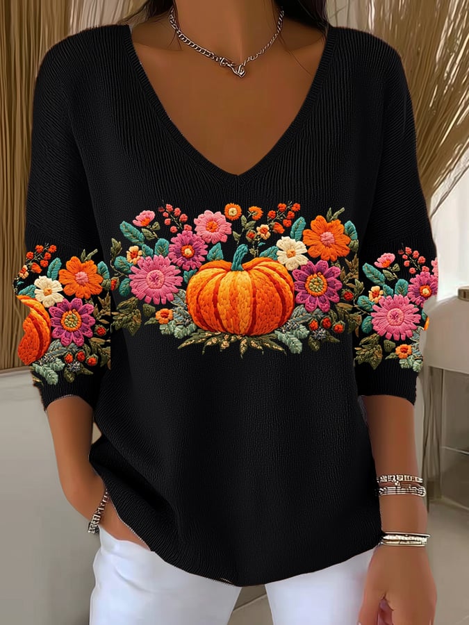 Women's  Pumpkin Print Casual Striped Fabric Long Sleeve T-shirt