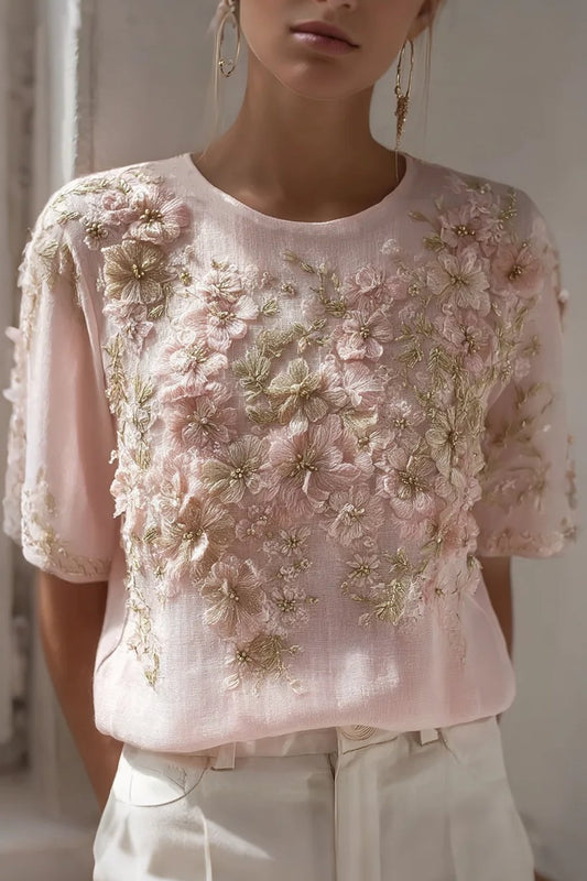 Women's Retro Pink Floral Embroidery Art Print Crew Neck Short Sleeve T-shirt
