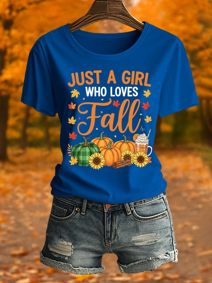 Just A Girl Who Loves Autumn Women'S Printed Round Neck T-Shirt