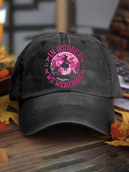 Unisex In October We Wear Pink Witch Breast Cancer Awareness Print Baseball Cap