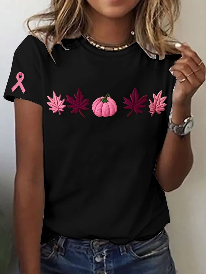 Women's casual pink maple leaf pumpkin T-shirt