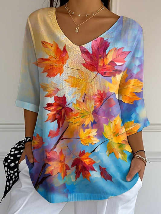 Women's Casual Autumn Maple Leaf Oil Painting Striped T-Shirt