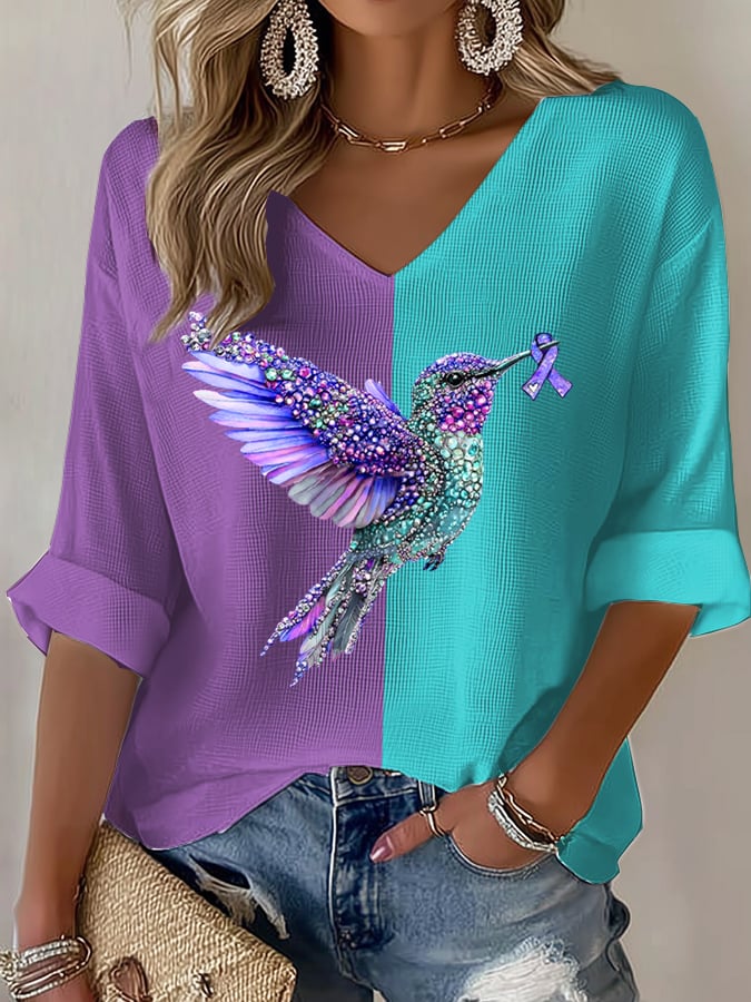 Women's Suicide Prevention Awareness Print Casual Waffle Shirt