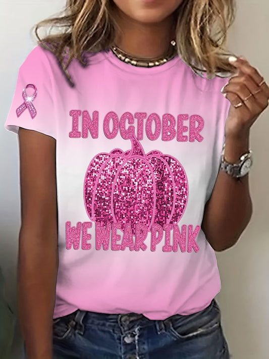 Women's Breast Cancer Printed Round Neck T-Shirt