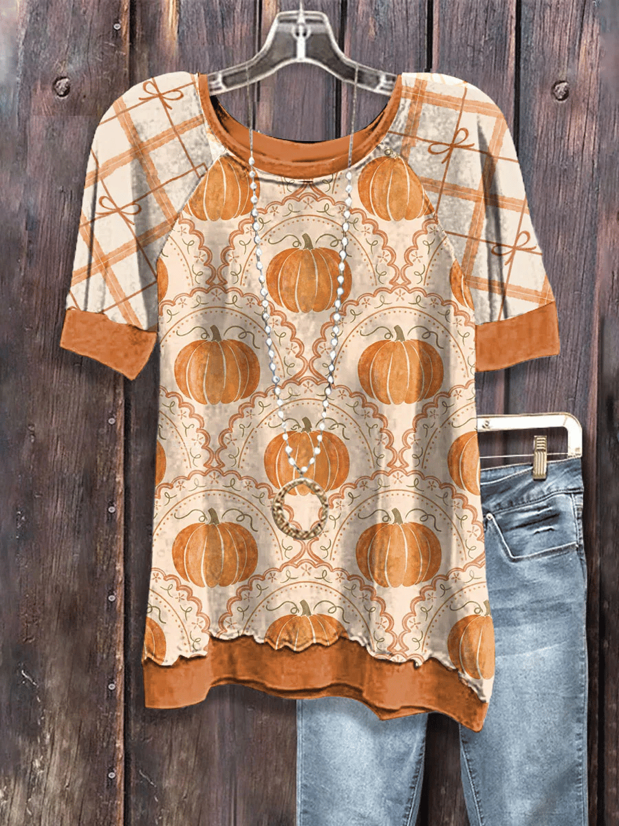 Women's Fall Pumpkin Floral Print Casual T-Shirt