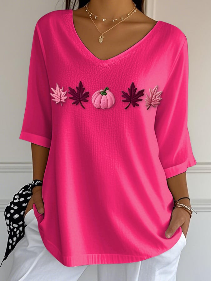 Women's Casual Pink Maple Leaf Bubble Wrinkle Top