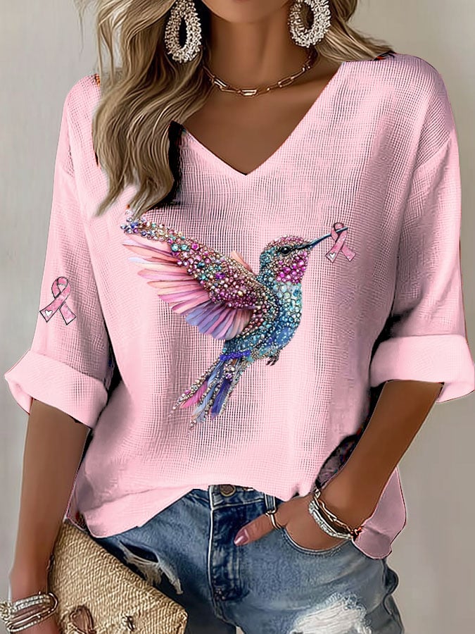 Women's Casual Breast Cancer Pink Hummingbird Ribbon Print Long Sleeve T-shirt