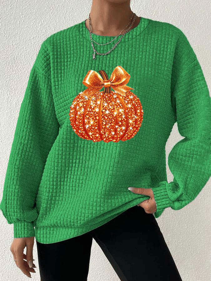 Women's Autumn Sequin Pumpkin Print Gingham Crew Neck Sweatshirt