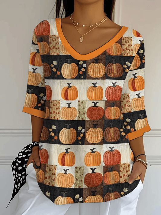 Women's Autumn Maple Leaf Pumpkin Printed T-Shirt