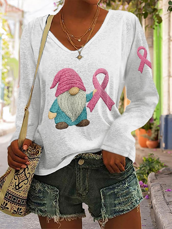 Women's Breast Cancer Awareness Print Long Sleeve V-Neck T-Shirt