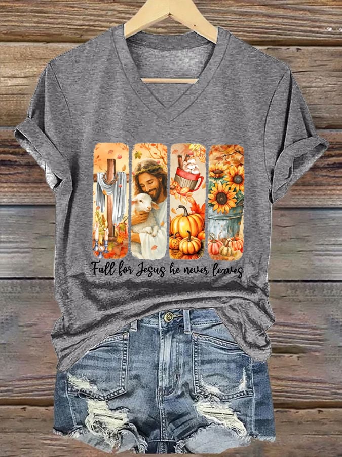Women's Fall For Jesus He Never Leaves Print T-Shirt