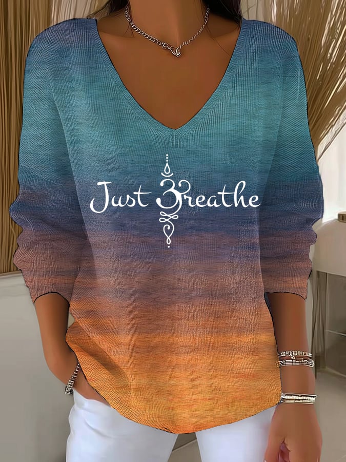 Women's Just Breathe Print V Neck Sweater