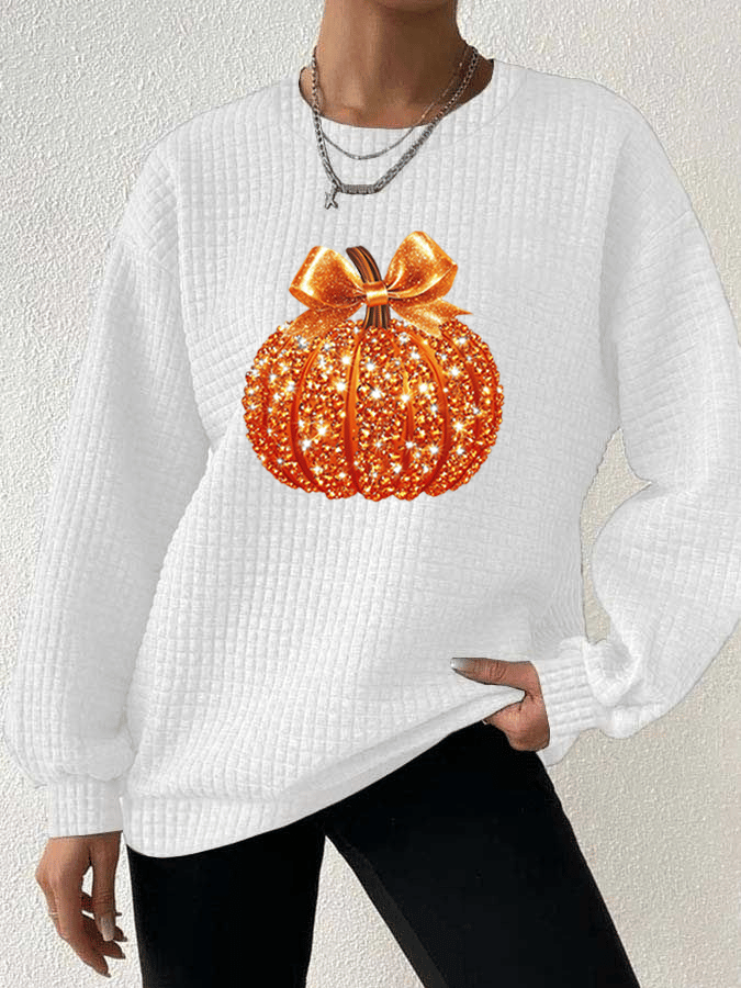 Women's Autumn Sequin Pumpkin Print Gingham Crew Neck Sweatshirt