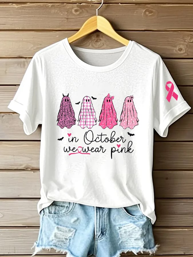 Women's In October We Wear Pink Ghosts Printed Casual T-Shirt